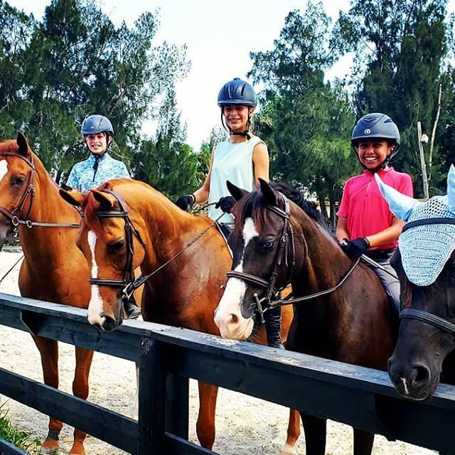 Young riders in helmets on their horses along the fence