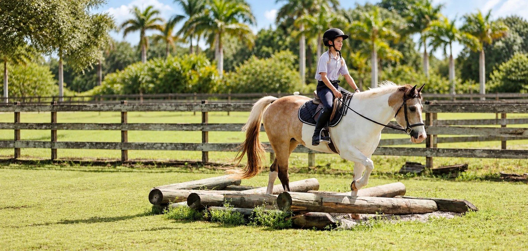 A young rider on Hazel, a buckskin paint, walking over logs in the pasture