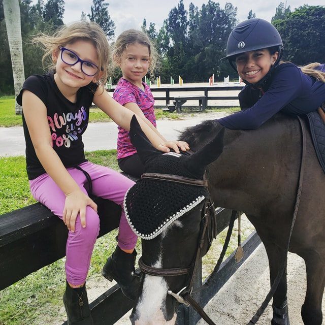 Campers hanging over the fence with their horse