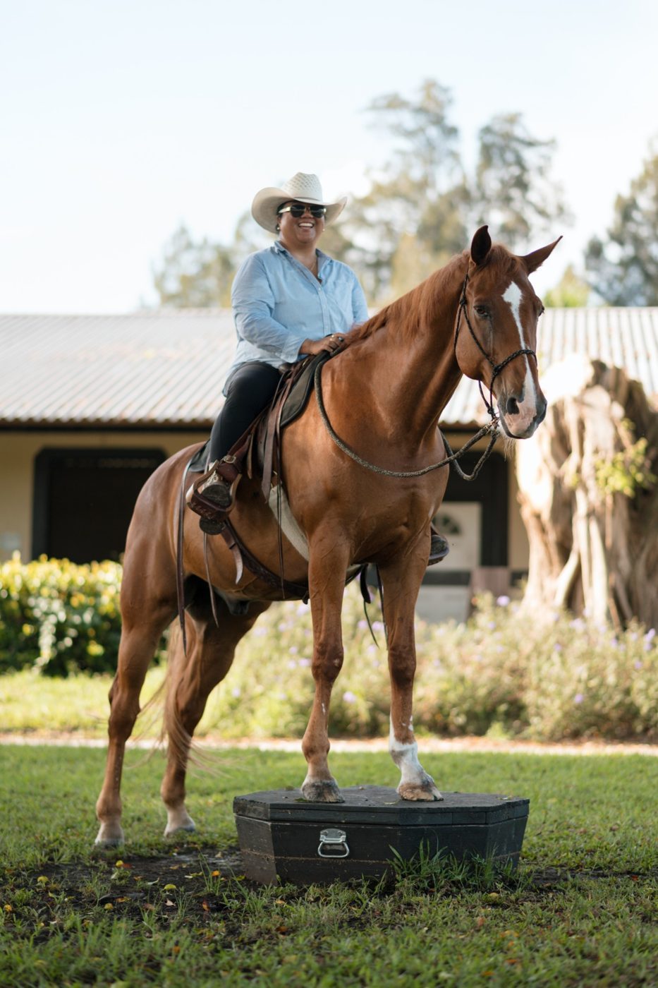 An adult rider laughing on a chestnut horse in a Western saddle
