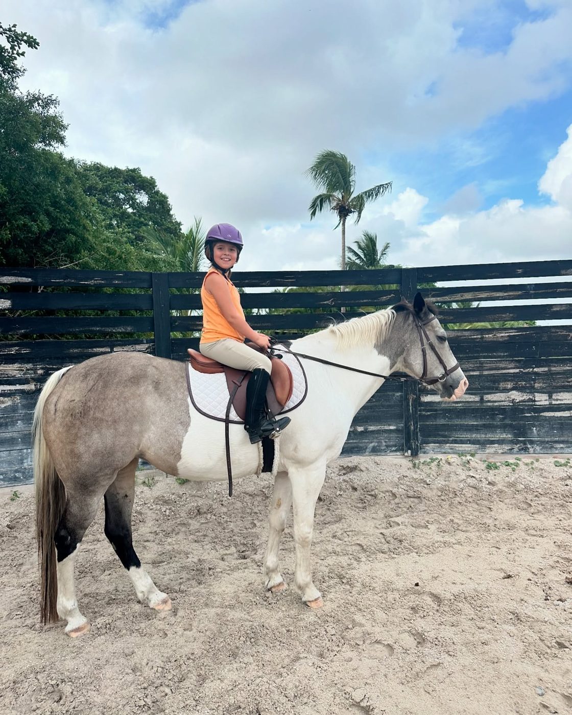 A smiling girl in a purple helmet on a gray paint horse