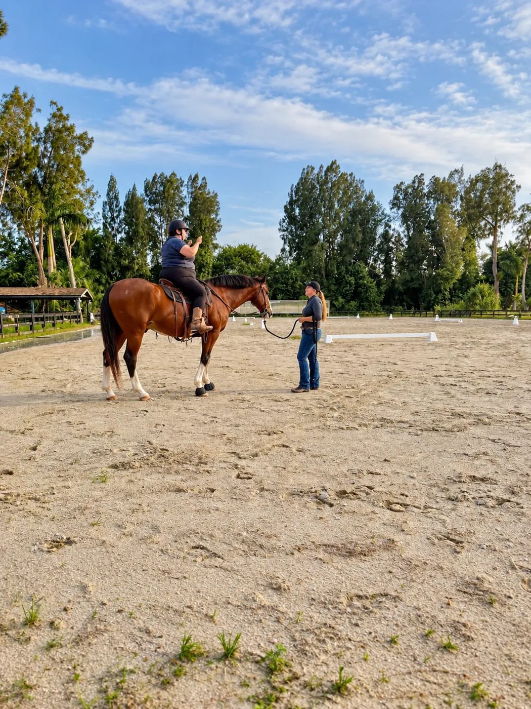 An adult rider getting coaching from Erin in the arena