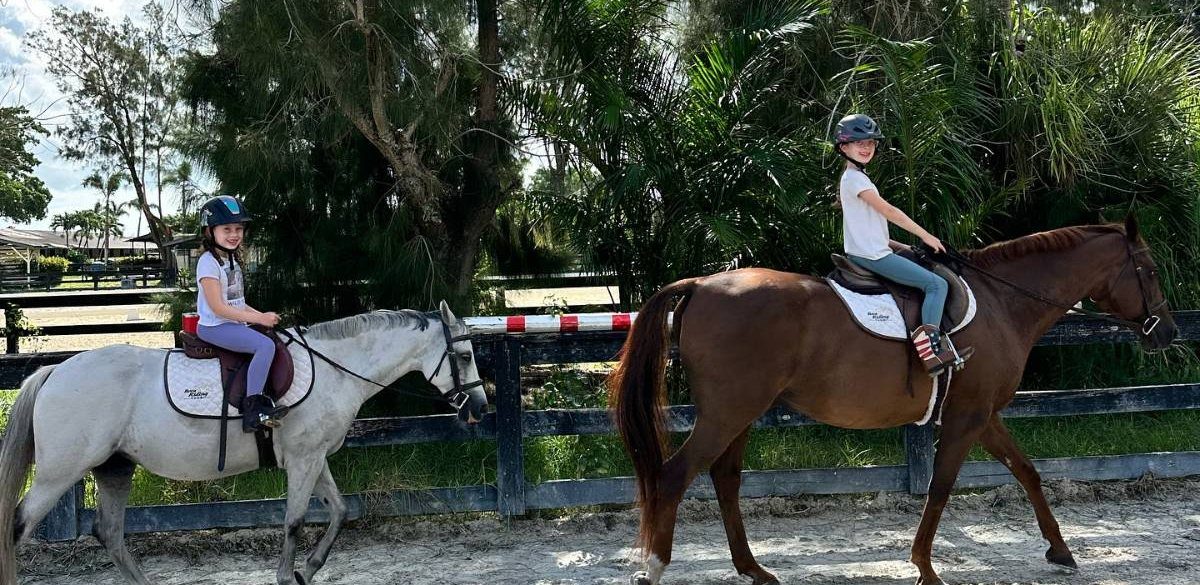 Two young riders on a gray pony and a chestnut horse
