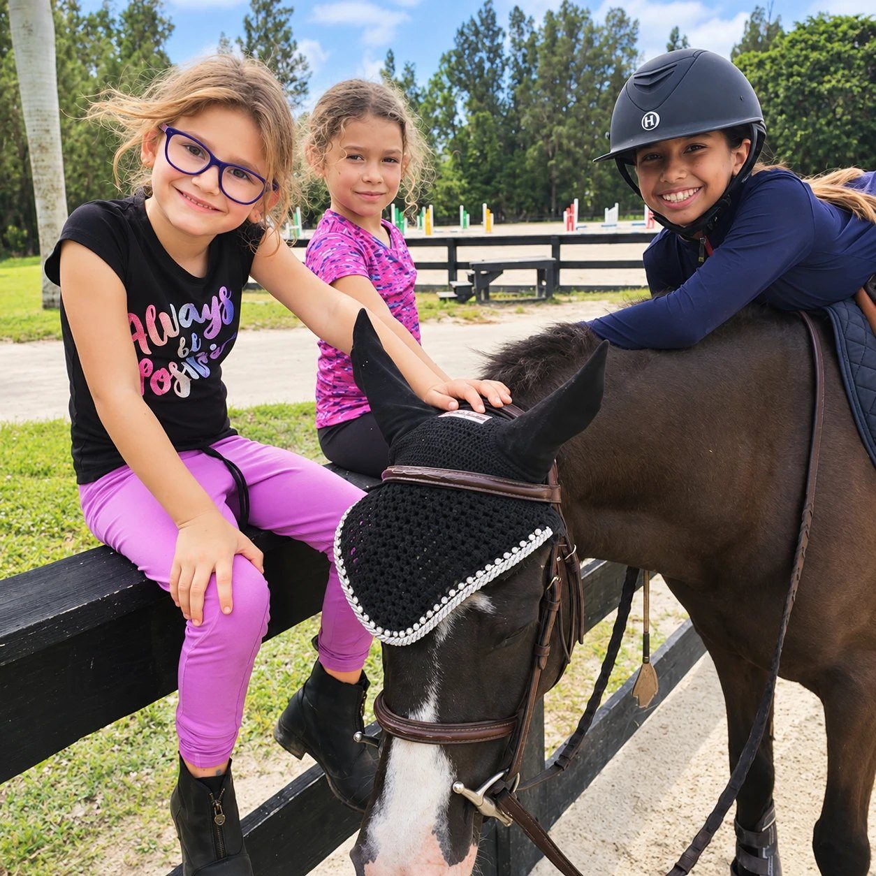 Two young girls on the fence and a smiling rider leaning over her saddle, petting a dark bay horse