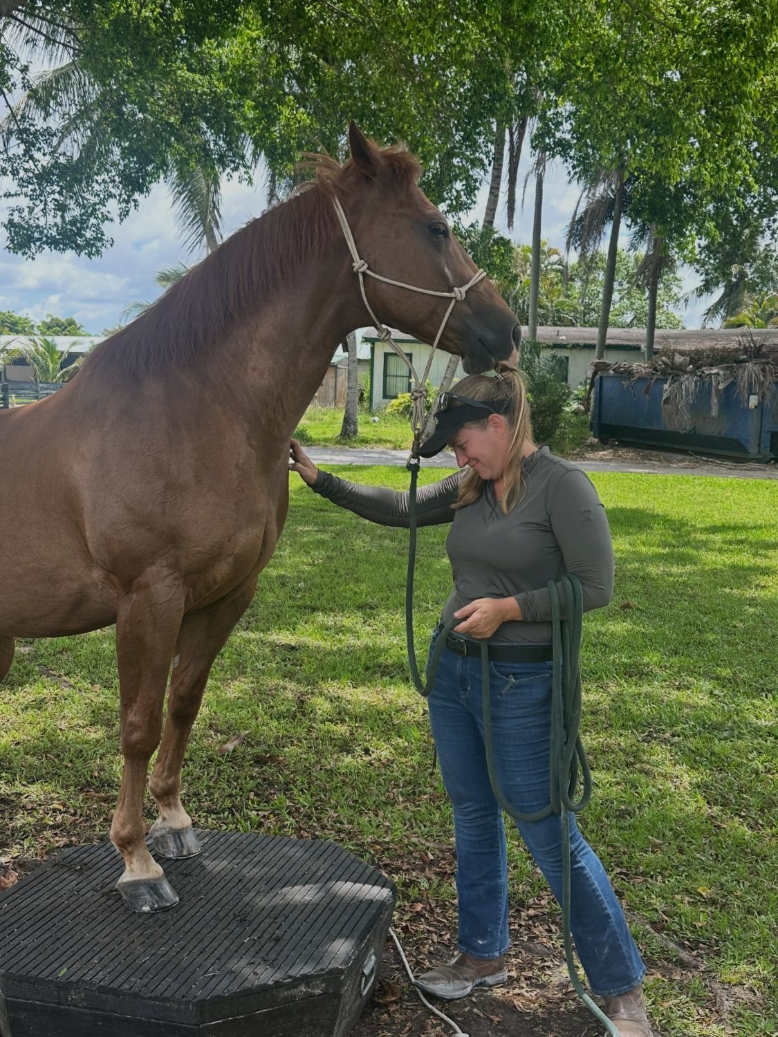 Erin standing quietly with a chestnut horse resting its nose on her head