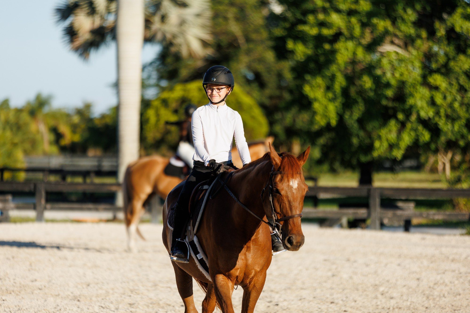 A smiling young rider on a chestnut horse in the arena