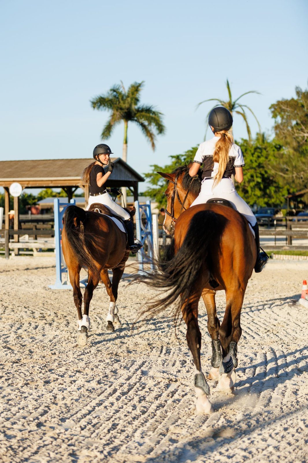 Two riders on bay horses in the arena, one turning back with a smile