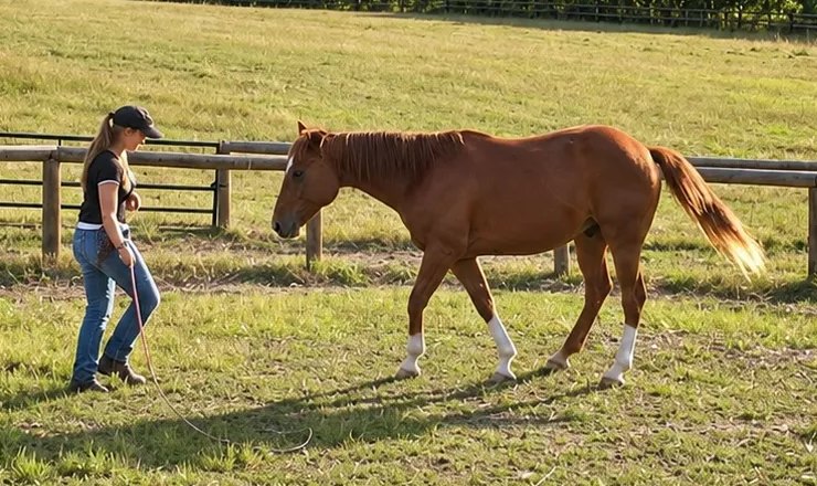 Erin working a chestnut horse at liberty in a round pen